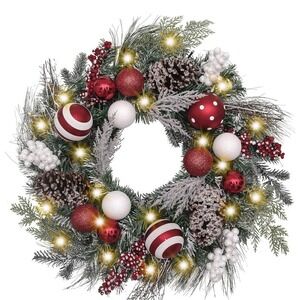 Valery Madelyn 24'' Pre-Lit Christmas Wreath for Front Door w Light Candy Cane